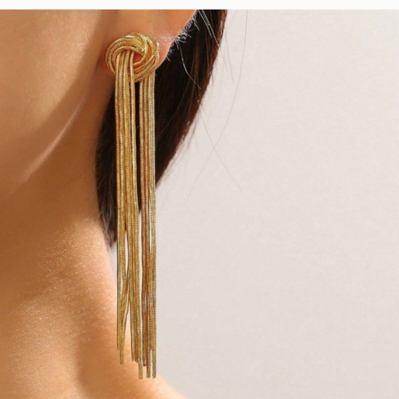 Gold Knot Tassel Chain Waterfall Drop Earrings - Picture 3 of 3